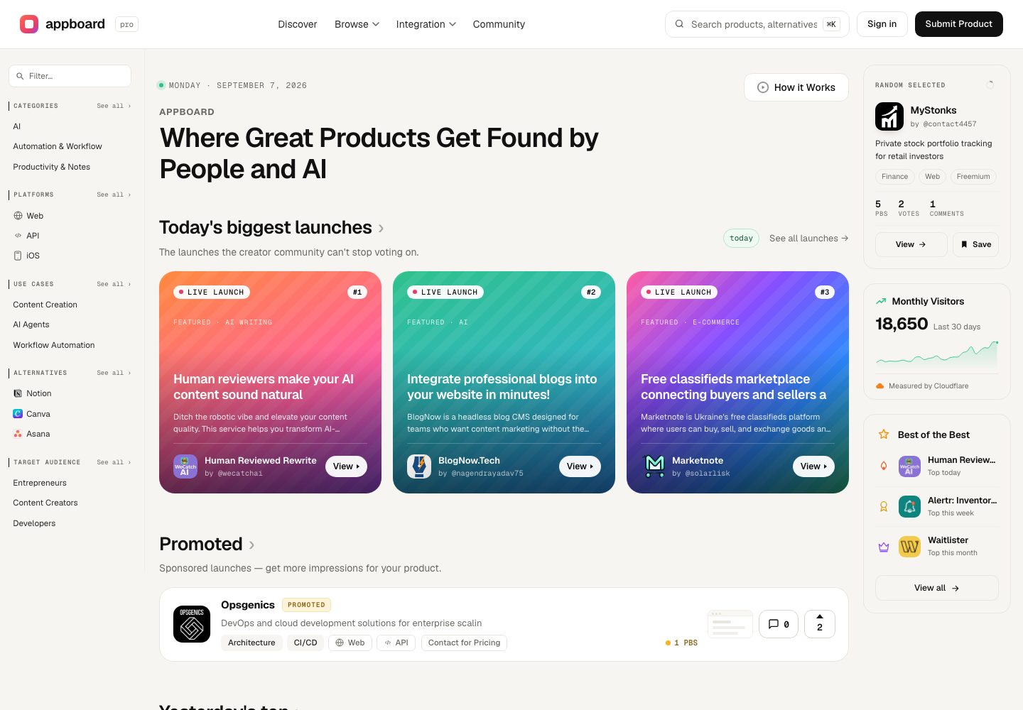 AppBoard.pro live leaderboard with today's biggest launches